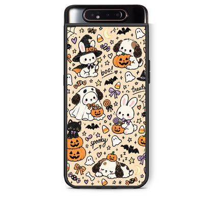 Θήκη Samsung Galaxy A80 Halloween Puppies and Friends on Cream από τη Smartfits με σχέδιο στο πίσω μέρος και μαύρο περίβλημα | Samsung Galaxy A80 Halloween Puppies and Friends on Cream case with colorful back and black bezels