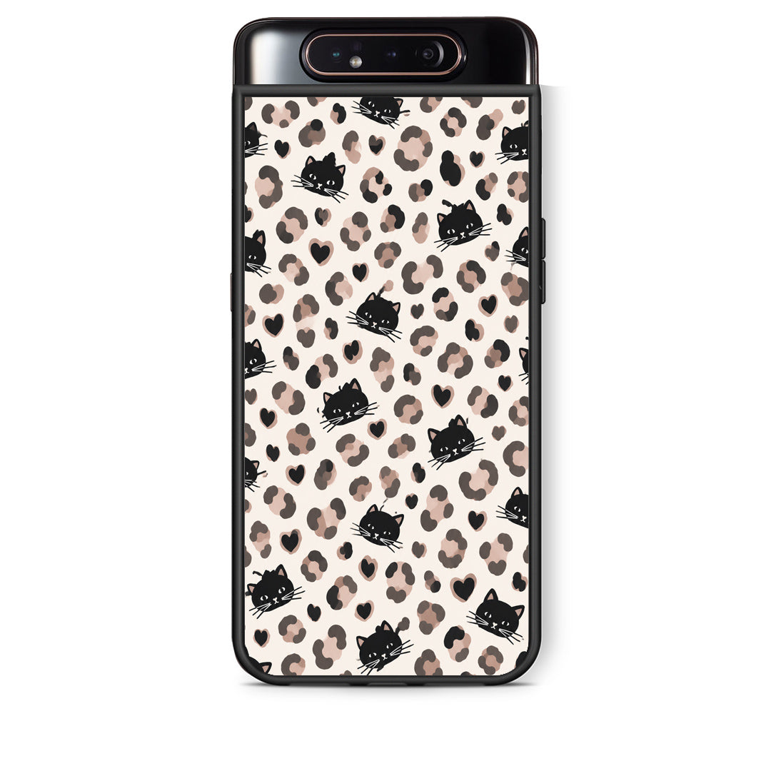 Θήκη Samsung Galaxy A80 Leopard Spots and Black Cats on Cream από τη Smartfits με σχέδιο στο πίσω μέρος και μαύρο περίβλημα | Samsung Galaxy A80 Leopard Spots and Black Cats on Cream case with colorful back and black bezels