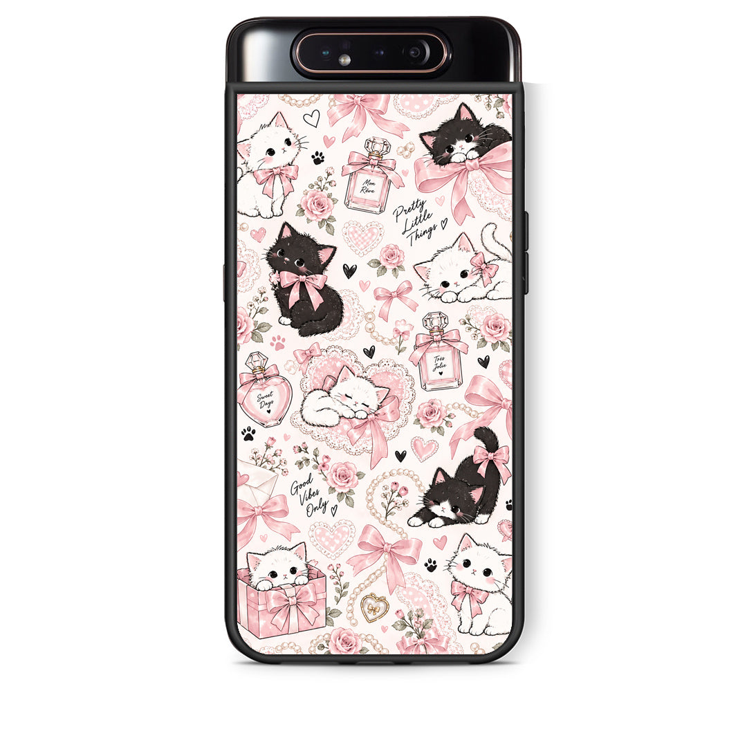 Θήκη Samsung Galaxy A80 Pink Bows and Kittens Collage από τη Smartfits με σχέδιο στο πίσω μέρος και μαύρο περίβλημα | Samsung Galaxy A80 Pink Bows and Kittens Collage case with colorful back and black bezels