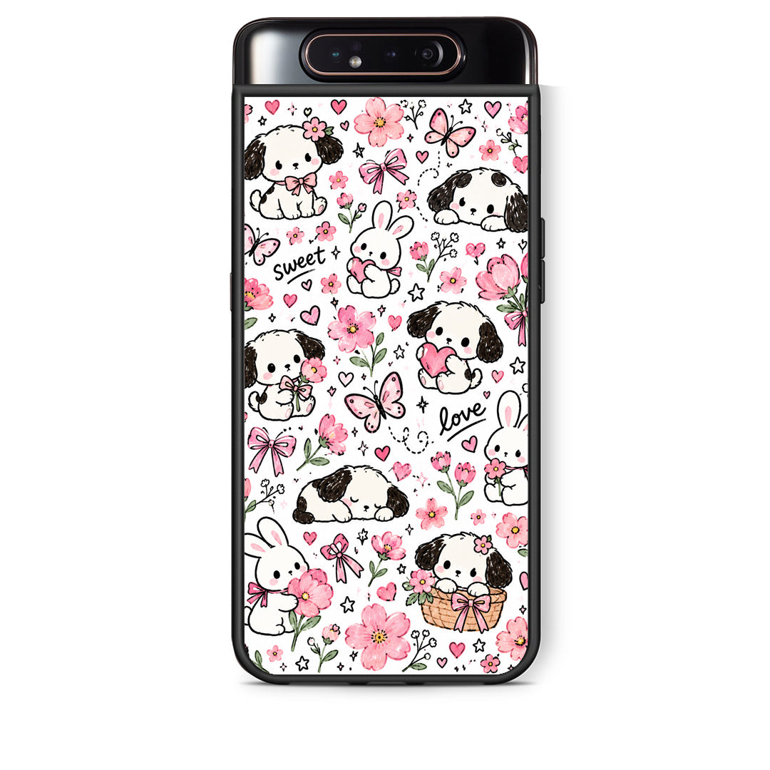 Θήκη Samsung Galaxy A80 Pink Florals Puppies and Bunnies on White από τη Smartfits με σχέδιο στο πίσω μέρος και μαύρο περίβλημα | Samsung Galaxy A80 Pink Florals Puppies and Bunnies on White case with colorful back and black bezels