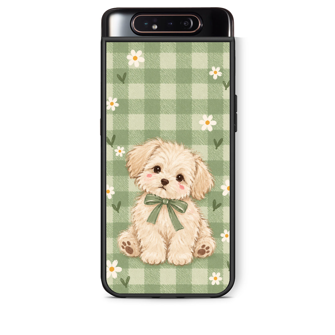 Θήκη Samsung Galaxy A80 Puppy and Daisies on Sage Gingham από τη Smartfits με σχέδιο στο πίσω μέρος και μαύρο περίβλημα | Samsung Galaxy A80 Puppy and Daisies on Sage Gingham case with colorful back and black bezels