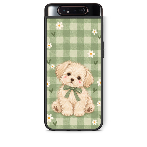 Θήκη Samsung Galaxy A80 Puppy and Daisies on Sage Gingham από τη Smartfits με σχέδιο στο πίσω μέρος και μαύρο περίβλημα | Samsung Galaxy A80 Puppy and Daisies on Sage Gingham case with colorful back and black bezels