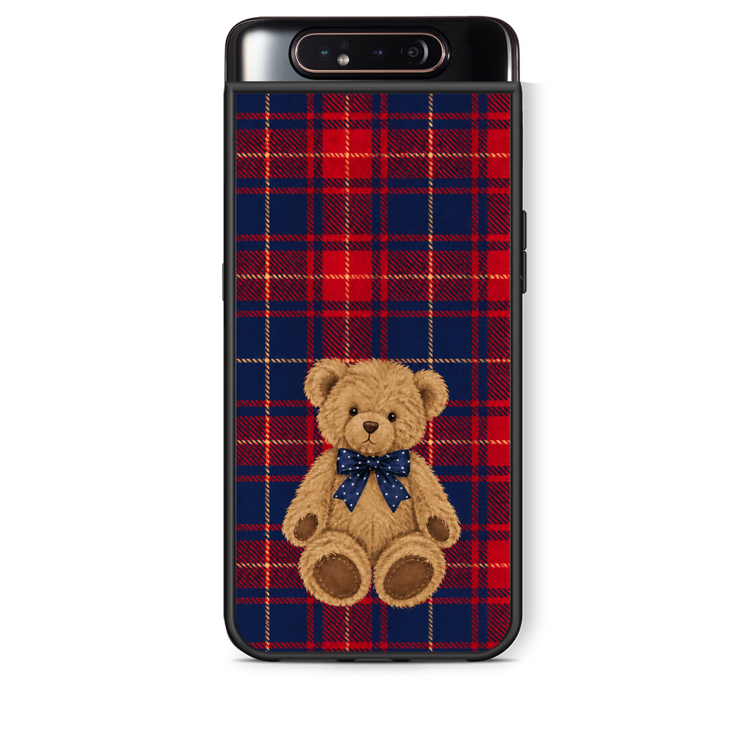 Θήκη Samsung Galaxy A80 Teddy Bear on Red and Navy Tartan από τη Smartfits με σχέδιο στο πίσω μέρος και μαύρο περίβλημα | Samsung Galaxy A80 Teddy Bear on Red and Navy Tartan case with colorful back and black bezels