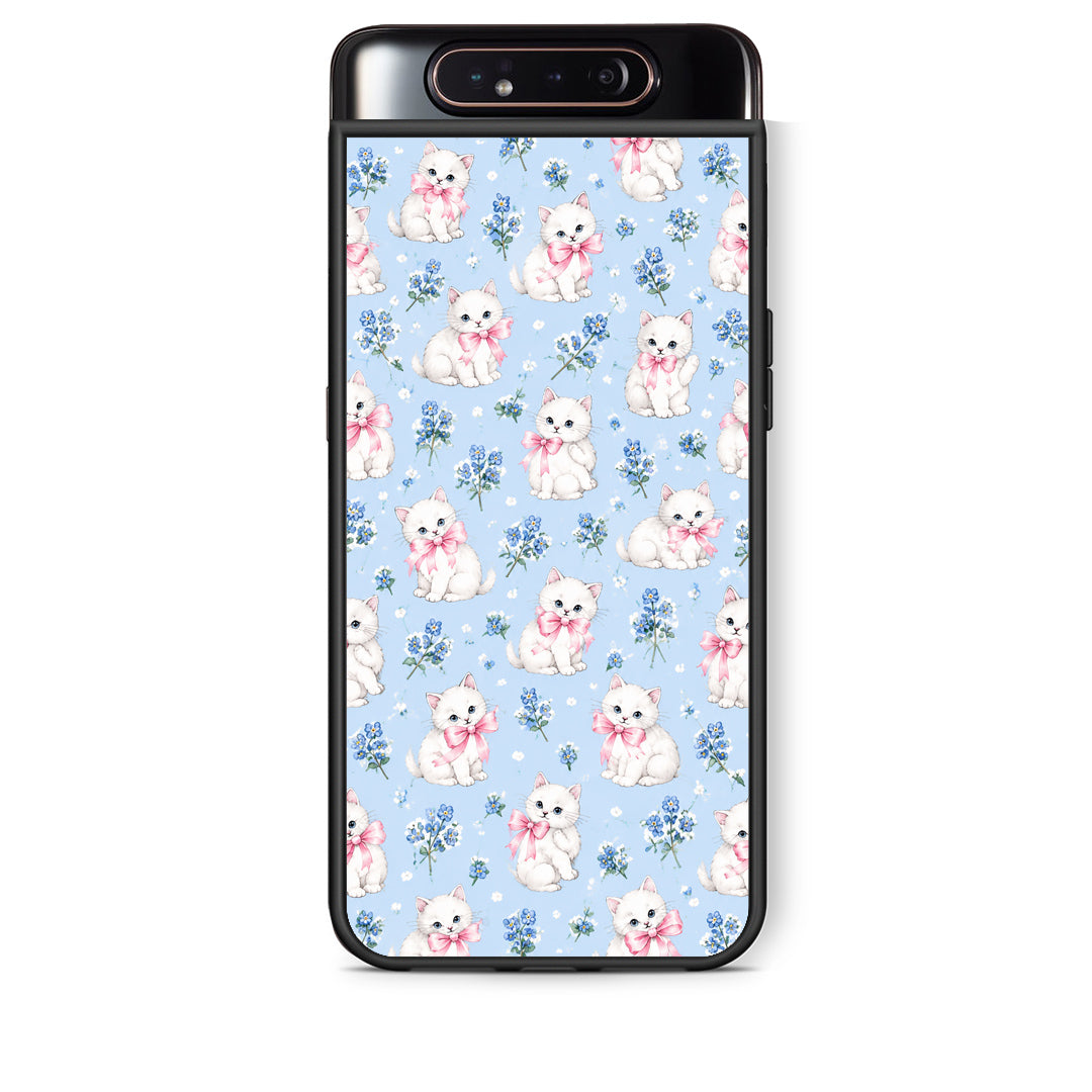 Θήκη Samsung Galaxy A80 White Kittens and Blue Flowers Small από τη Smartfits με σχέδιο στο πίσω μέρος και μαύρο περίβλημα | Samsung Galaxy A80 White Kittens and Blue Flowers Small case with colorful back and black bezels