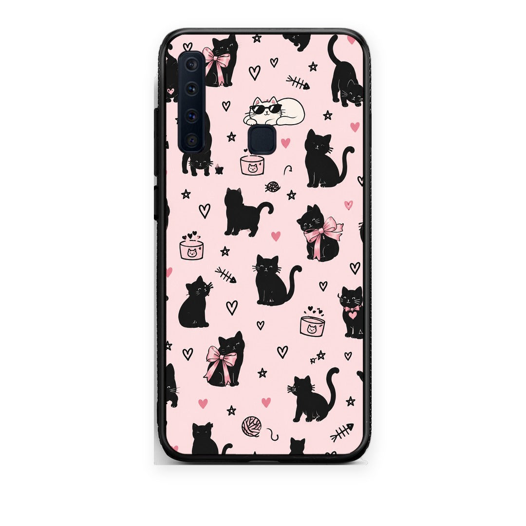 Θήκη Samsung Galaxy A9 Black Cat Doodles on Pink από τη Smartfits με σχέδιο στο πίσω μέρος και μαύρο περίβλημα | Samsung Galaxy A9 Black Cat Doodles on Pink case with colorful back and black bezels