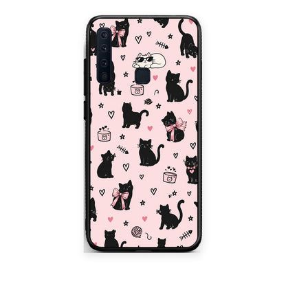Θήκη Samsung Galaxy A9 Black Cat Doodles on Pink από τη Smartfits με σχέδιο στο πίσω μέρος και μαύρο περίβλημα | Samsung Galaxy A9 Black Cat Doodles on Pink case with colorful back and black bezels