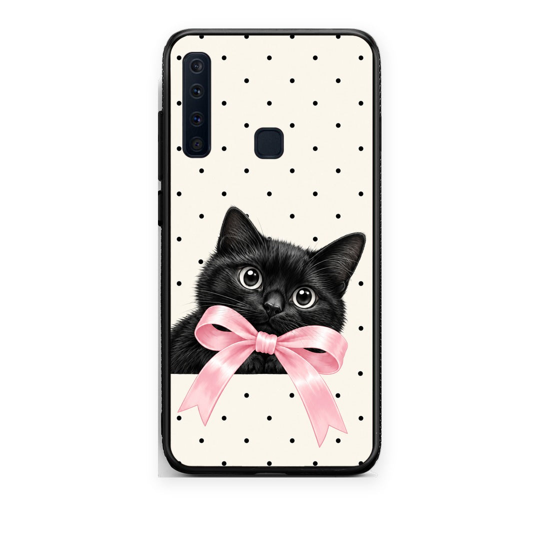 Θήκη Samsung Galaxy A9 Black Kitten Pink Bow and Polka Dots από τη Smartfits με σχέδιο στο πίσω μέρος και μαύρο περίβλημα | Samsung Galaxy A9 Black Kitten Pink Bow and Polka Dots case with colorful back and black bezels