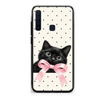 Θήκη Samsung Galaxy A9 Black Kitten Pink Bow and Polka Dots από τη Smartfits με σχέδιο στο πίσω μέρος και μαύρο περίβλημα | Samsung Galaxy A9 Black Kitten Pink Bow and Polka Dots case with colorful back and black bezels