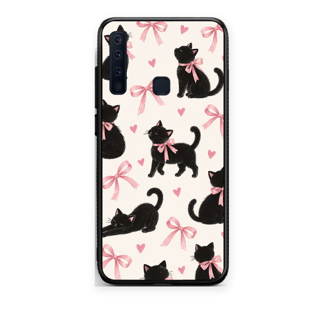 Θήκη Samsung Galaxy A9 Black Kittens and Pink Bows on Cream Large από τη Smartfits με σχέδιο στο πίσω μέρος και μαύρο περίβλημα | Samsung Galaxy A9 Black Kittens and Pink Bows on Cream Large case with colorful back and black bezels