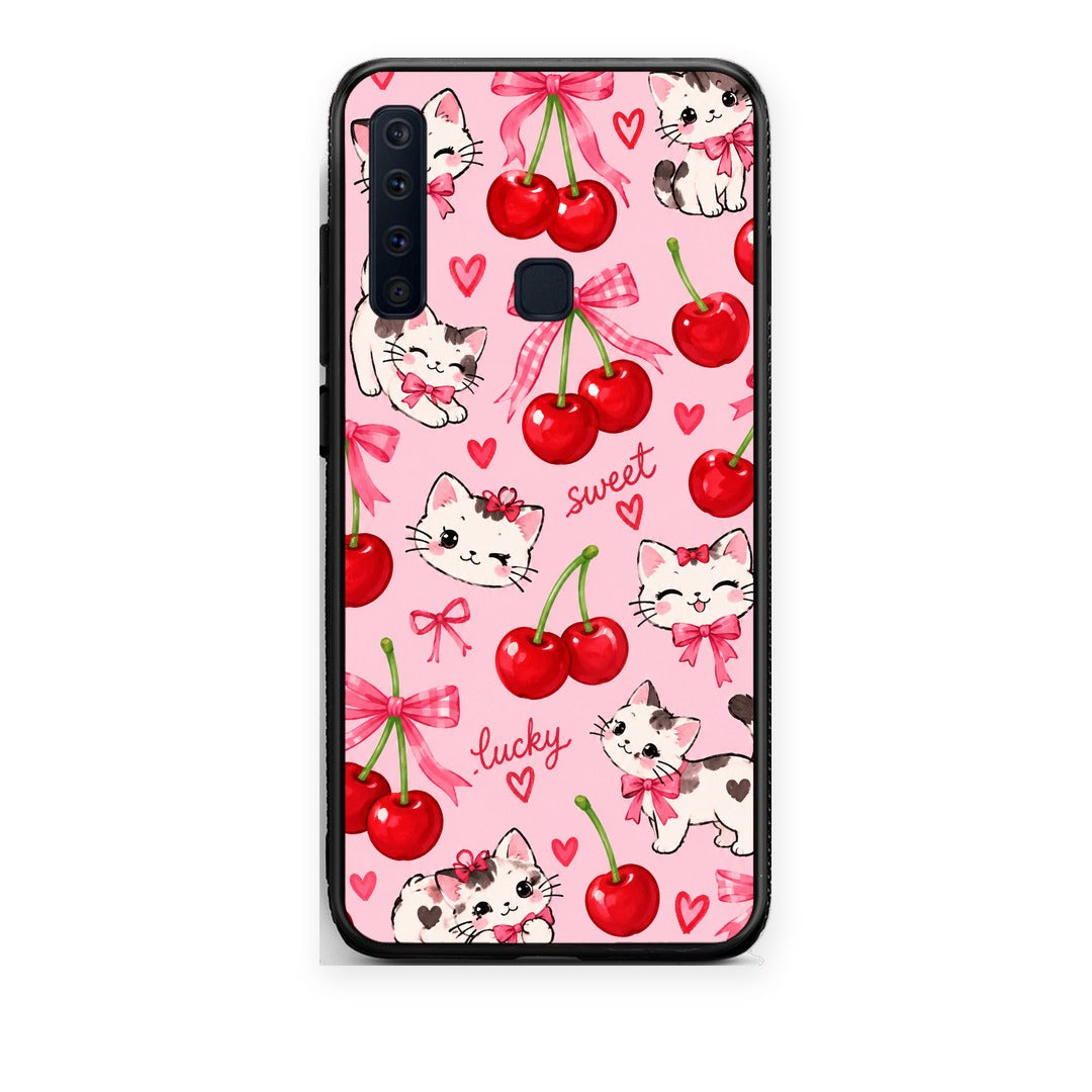 Θήκη Samsung Galaxy A9 Cherries Bows and Kittens on Pink από τη Smartfits με σχέδιο στο πίσω μέρος και μαύρο περίβλημα | Samsung Galaxy A9 Cherries Bows and Kittens on Pink case with colorful back and black bezels