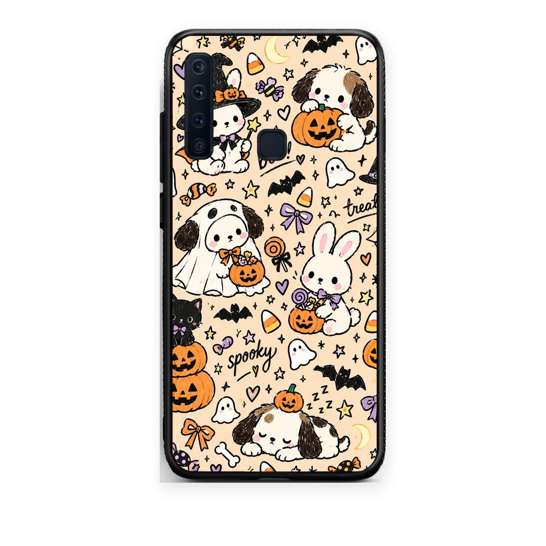 Θήκη Samsung Galaxy A9 Halloween Puppies and Friends on Cream από τη Smartfits με σχέδιο στο πίσω μέρος και μαύρο περίβλημα | Samsung Galaxy A9 Halloween Puppies and Friends on Cream case with colorful back and black bezels