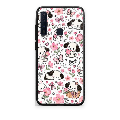 Θήκη Samsung Galaxy A9 Pink Florals Puppies and Bunnies on White από τη Smartfits με σχέδιο στο πίσω μέρος και μαύρο περίβλημα | Samsung Galaxy A9 Pink Florals Puppies and Bunnies on White case with colorful back and black bezels