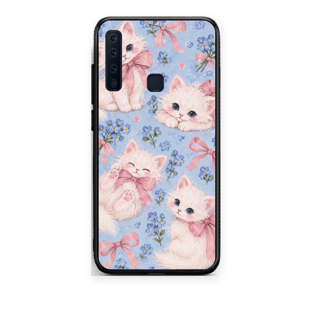 Θήκη Samsung Galaxy A9 White Kittens and Blue Flowers Large από τη Smartfits με σχέδιο στο πίσω μέρος και μαύρο περίβλημα | Samsung Galaxy A9 White Kittens and Blue Flowers Large case with colorful back and black bezels