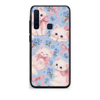 Θήκη Samsung Galaxy A9 White Kittens and Blue Flowers Large από τη Smartfits με σχέδιο στο πίσω μέρος και μαύρο περίβλημα | Samsung Galaxy A9 White Kittens and Blue Flowers Large case with colorful back and black bezels