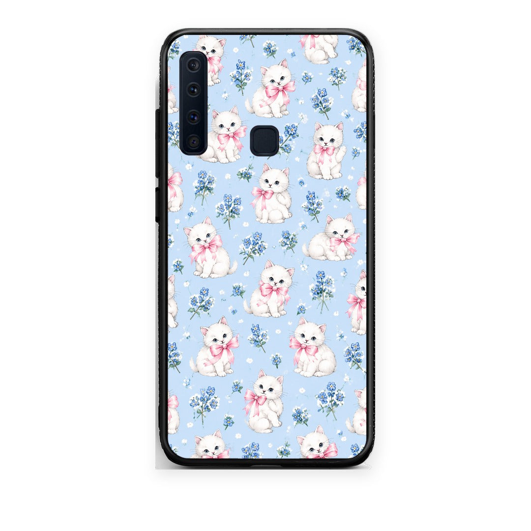 Θήκη Samsung Galaxy A9 White Kittens and Blue Flowers Small από τη Smartfits με σχέδιο στο πίσω μέρος και μαύρο περίβλημα | Samsung Galaxy A9 White Kittens and Blue Flowers Small case with colorful back and black bezels