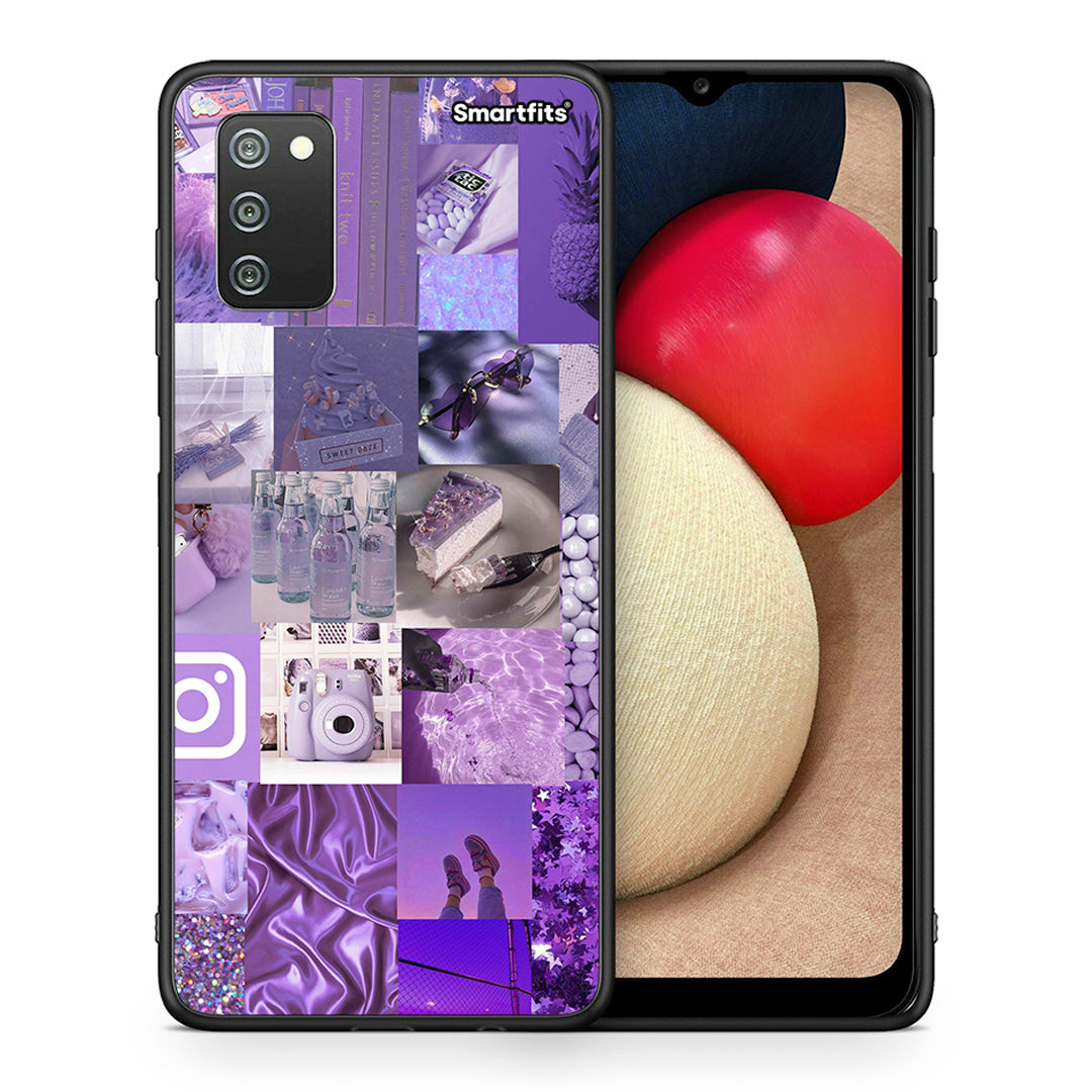 Θήκη Samsung A02s Purple Aesthetic Collage από τη Smartfits με σχέδιο στο πίσω μέρος και μαύρο περίβλημα | Samsung A02s Purple Aesthetic Collage case with colorful back and black bezels