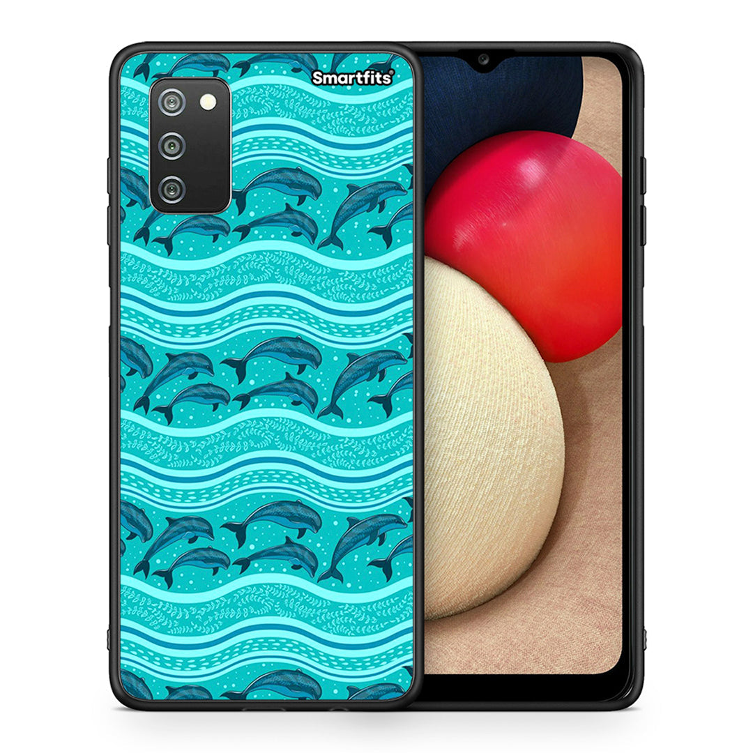 Θήκη Samsung A02s Swimming Dolphins από τη Smartfits με σχέδιο στο πίσω μέρος και μαύρο περίβλημα | Samsung A02s Swimming Dolphins case with colorful back and black bezels