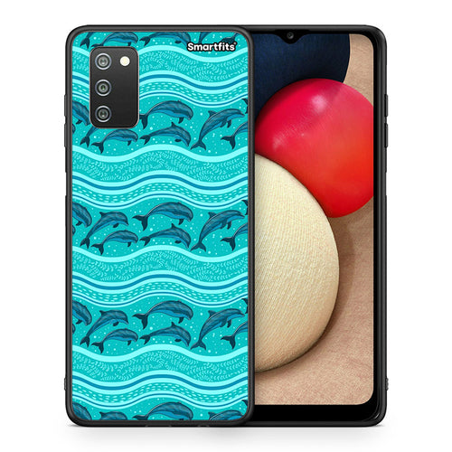 Θήκη Samsung A02s Swimming Dolphins από τη Smartfits με σχέδιο στο πίσω μέρος και μαύρο περίβλημα | Samsung A02s Swimming Dolphins case with colorful back and black bezels