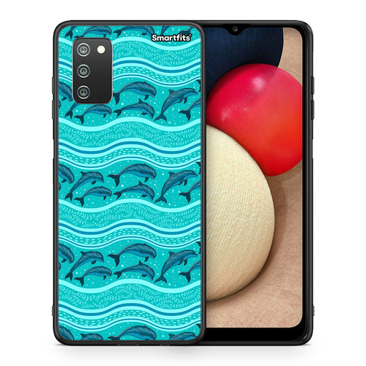 Θήκη Samsung A02s Swimming Dolphins από τη Smartfits με σχέδιο στο πίσω μέρος και μαύρο περίβλημα | Samsung A02s Swimming Dolphins case with colorful back and black bezels