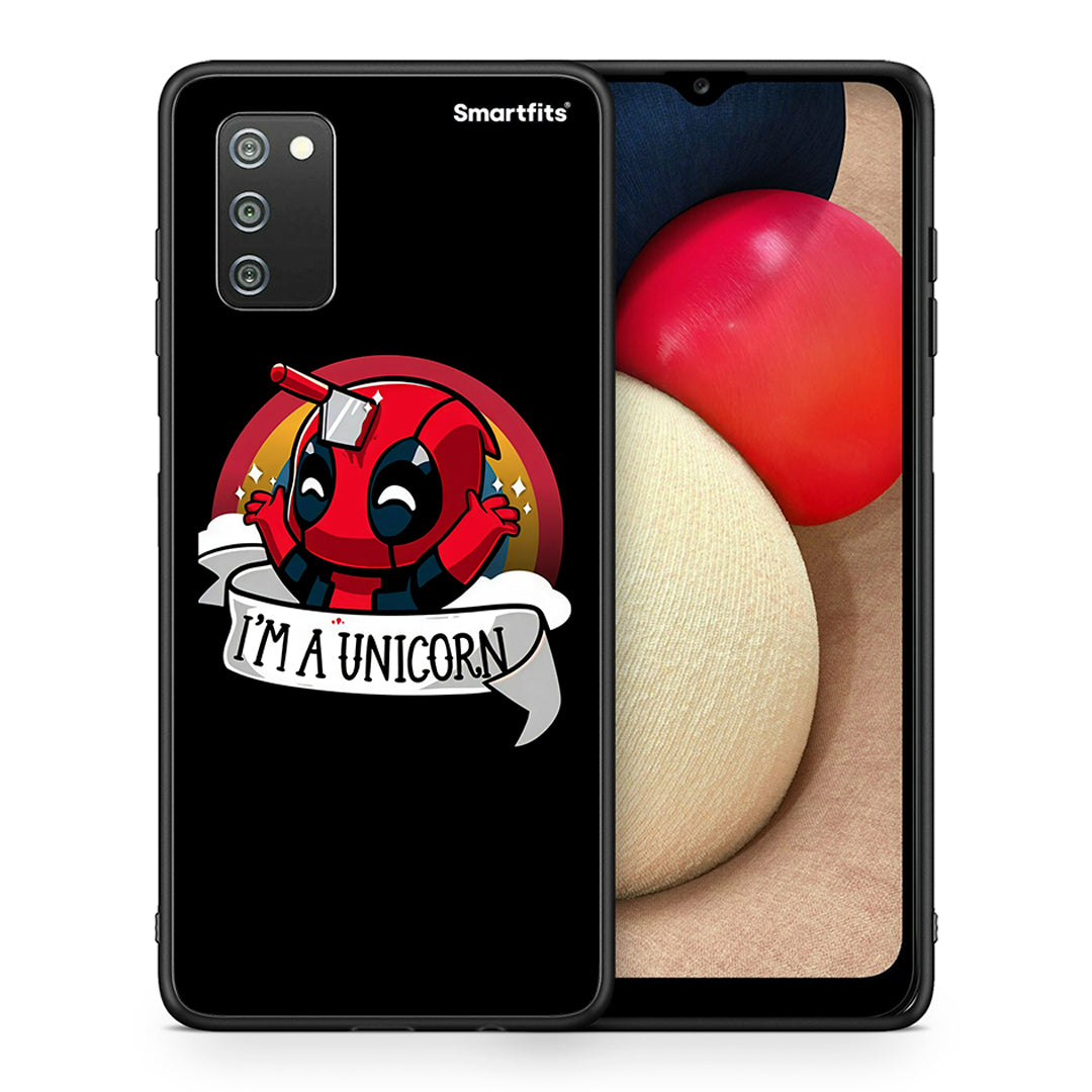 Θήκη Samsung A02s Unicorn Deadpool από τη Smartfits με σχέδιο στο πίσω μέρος και μαύρο περίβλημα | Samsung A02s Unicorn Deadpool case with colorful back and black bezels