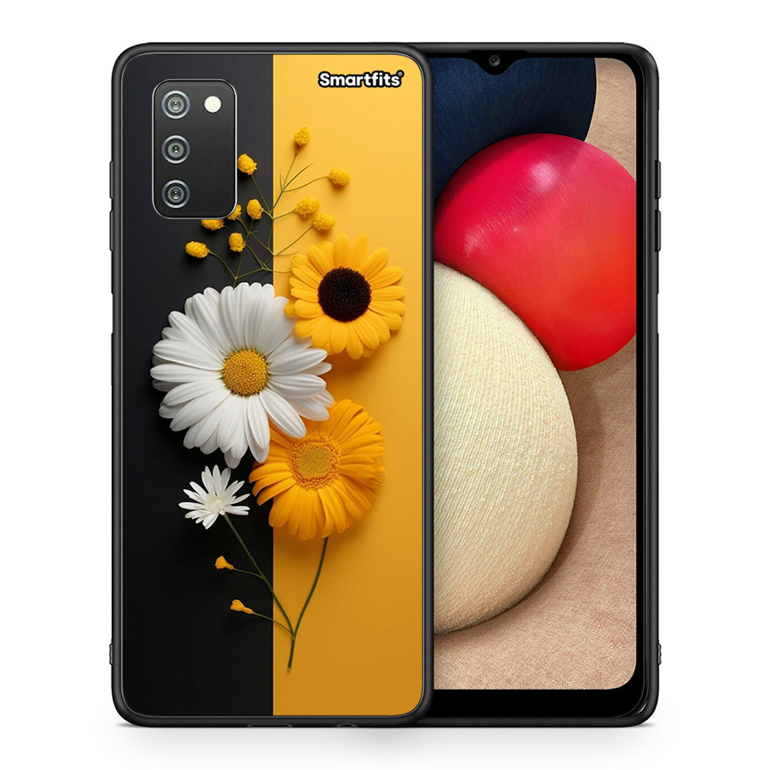 Θήκη Samsung A02s Yellow Daisies από τη Smartfits με σχέδιο στο πίσω μέρος και μαύρο περίβλημα | Samsung A02s Yellow Daisies case with colorful back and black bezels