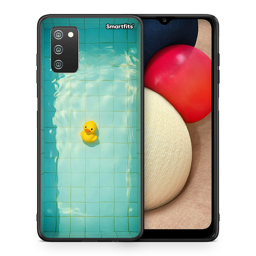 Θήκη Samsung A02s Yellow Duck από τη Smartfits με σχέδιο στο πίσω μέρος και μαύρο περίβλημα | Samsung A02s Yellow Duck case with colorful back and black bezels