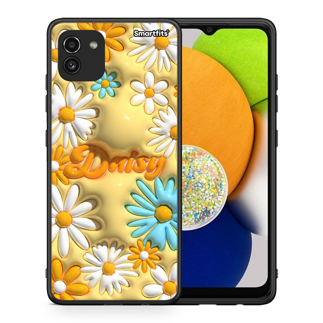 Θήκη Samsung A03 Bubble Daisies από τη Smartfits με σχέδιο στο πίσω μέρος και μαύρο περίβλημα | Samsung A03 Bubble Daisies case with colorful back and black bezels