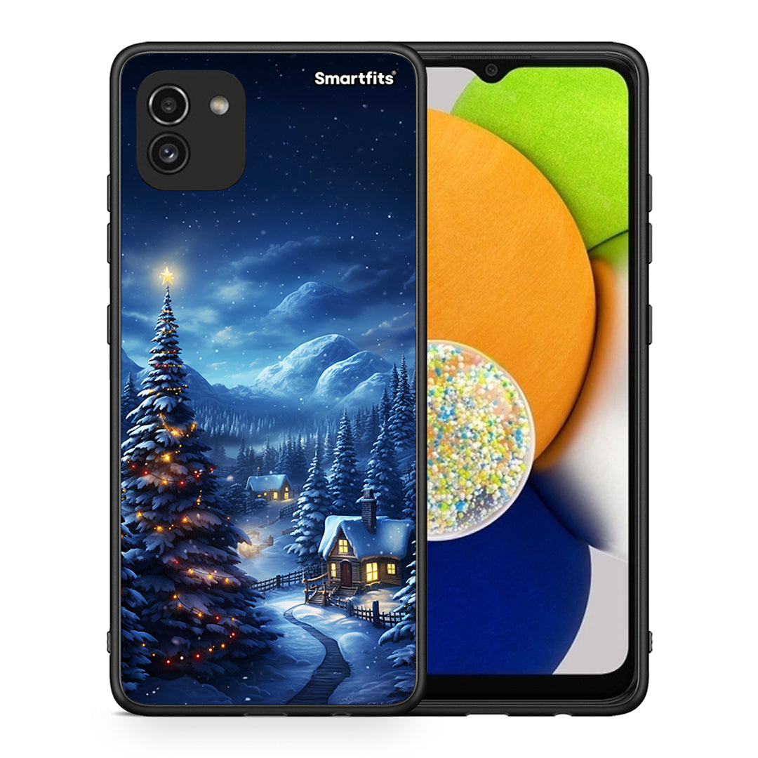 Θήκη Samsung A03 Christmas Scenery από τη Smartfits με σχέδιο στο πίσω μέρος και μαύρο περίβλημα | Samsung A03 Christmas Scenery case with colorful back and black bezels