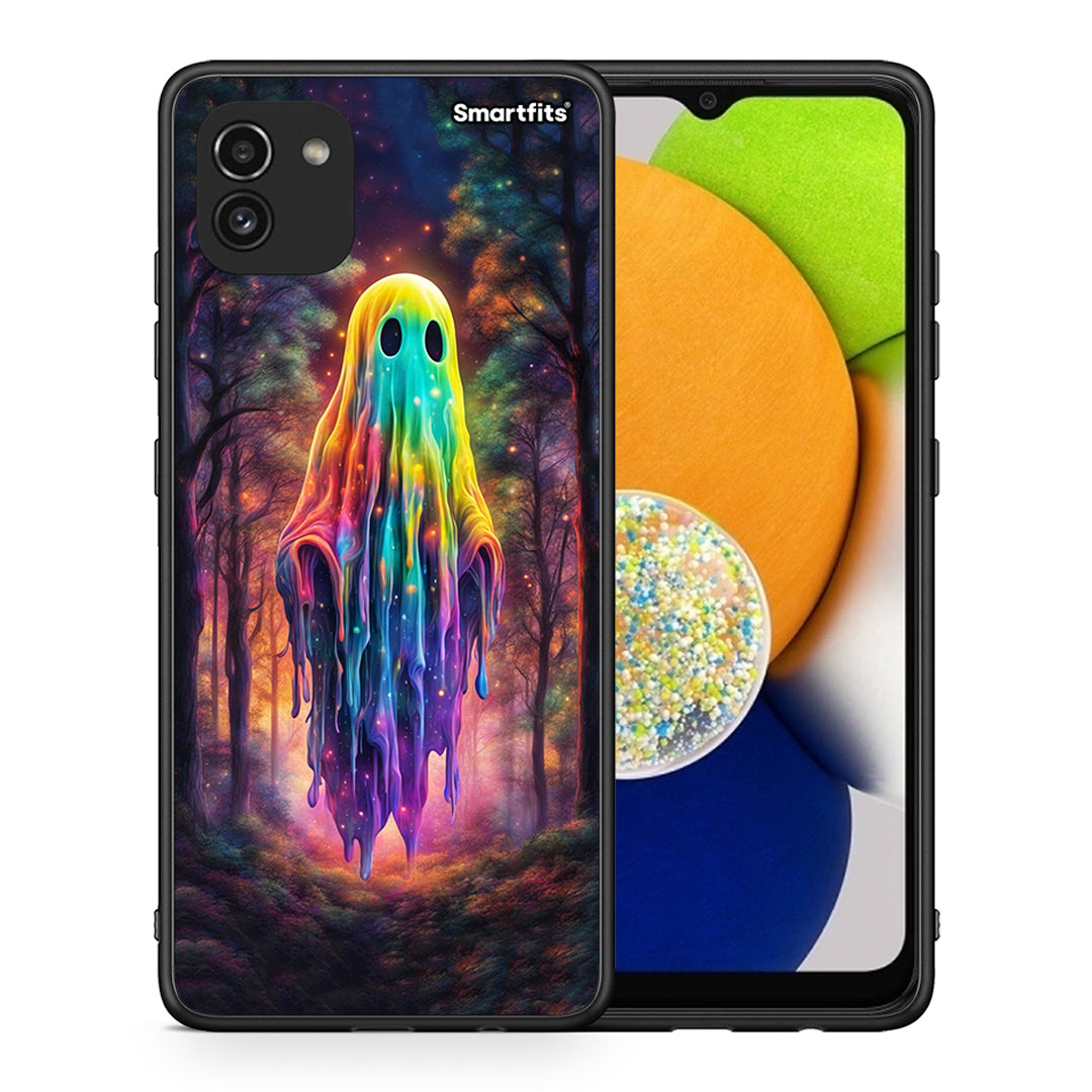 Θήκη Samsung A03 Halloween Ghost από τη Smartfits με σχέδιο στο πίσω μέρος και μαύρο περίβλημα | Samsung A03 Halloween Ghost case with colorful back and black bezels