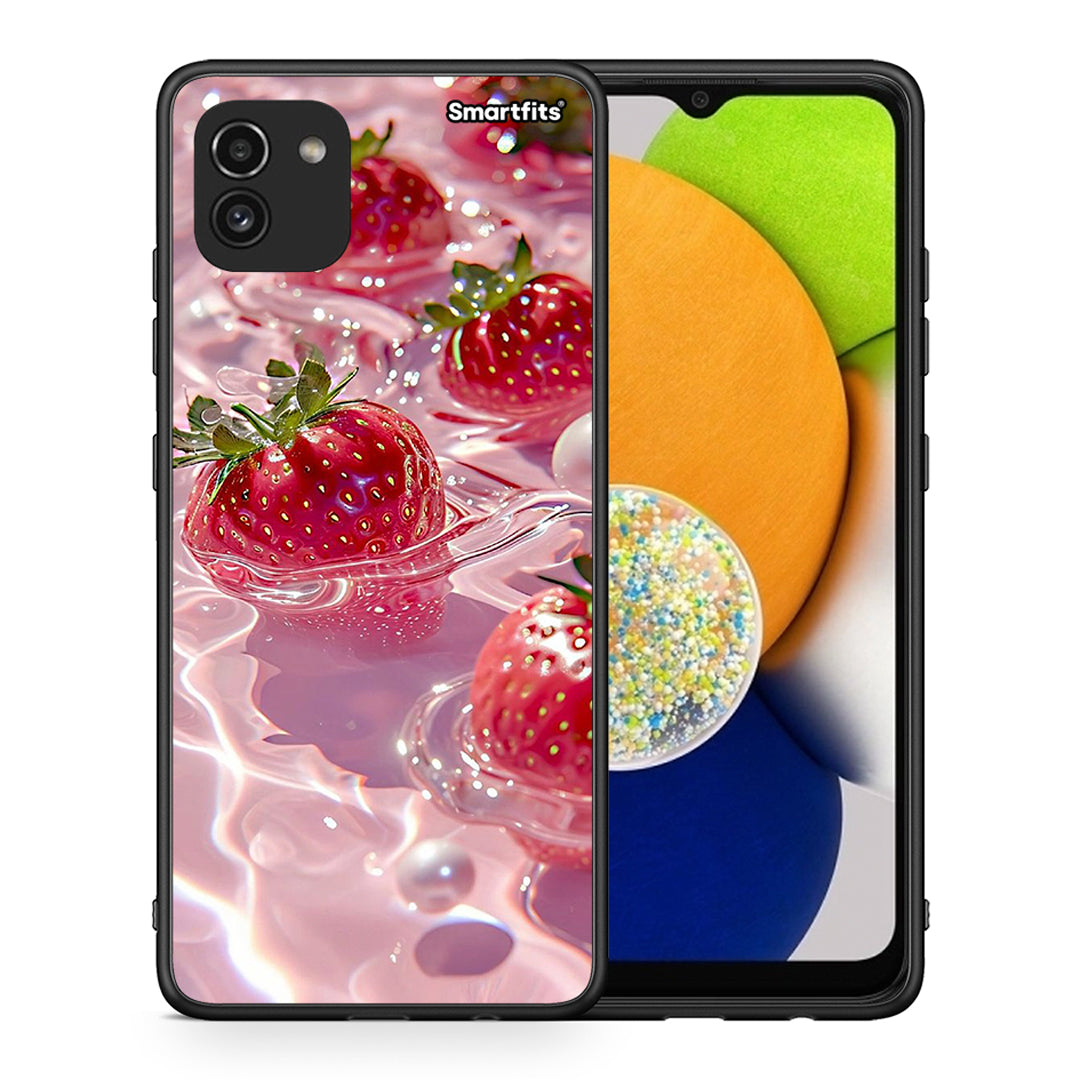 Θήκη Samsung A03 Juicy Strawberries από τη Smartfits με σχέδιο στο πίσω μέρος και μαύρο περίβλημα | Samsung A03 Juicy Strawberries case with colorful back and black bezels
