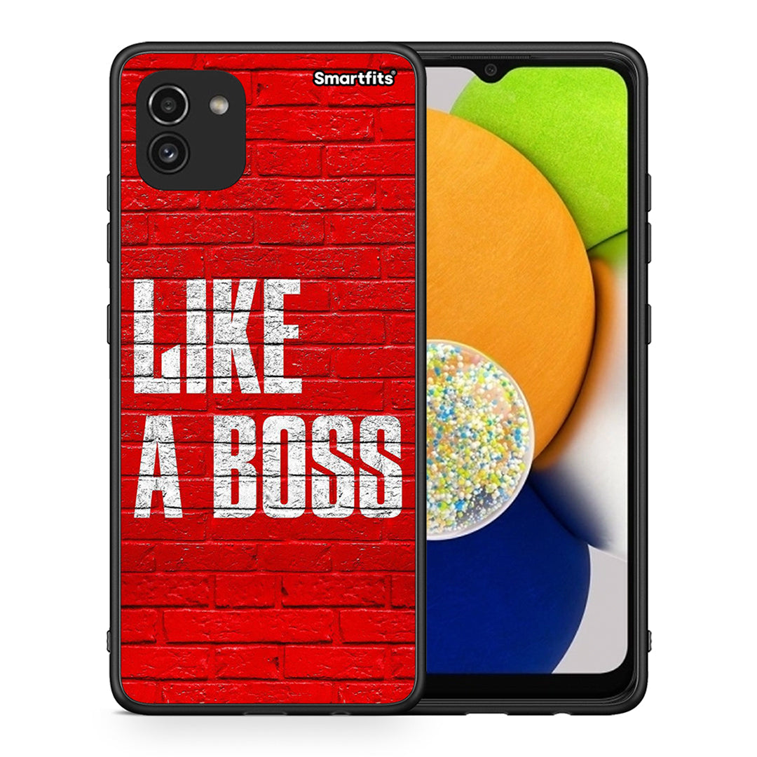 Θήκη Samsung A03 Like A Boss από τη Smartfits με σχέδιο στο πίσω μέρος και μαύρο περίβλημα | Samsung A03 Like A Boss case with colorful back and black bezels