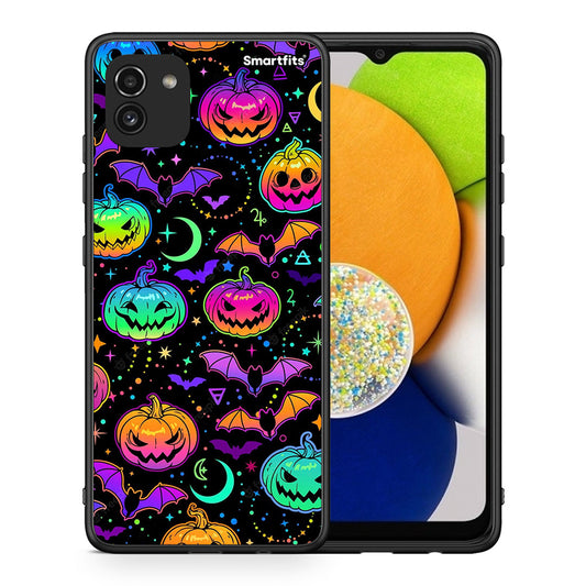Θήκη Samsung A03 Neon Halloween από τη Smartfits με σχέδιο στο πίσω μέρος και μαύρο περίβλημα | Samsung A03 Neon Halloween case with colorful back and black bezels