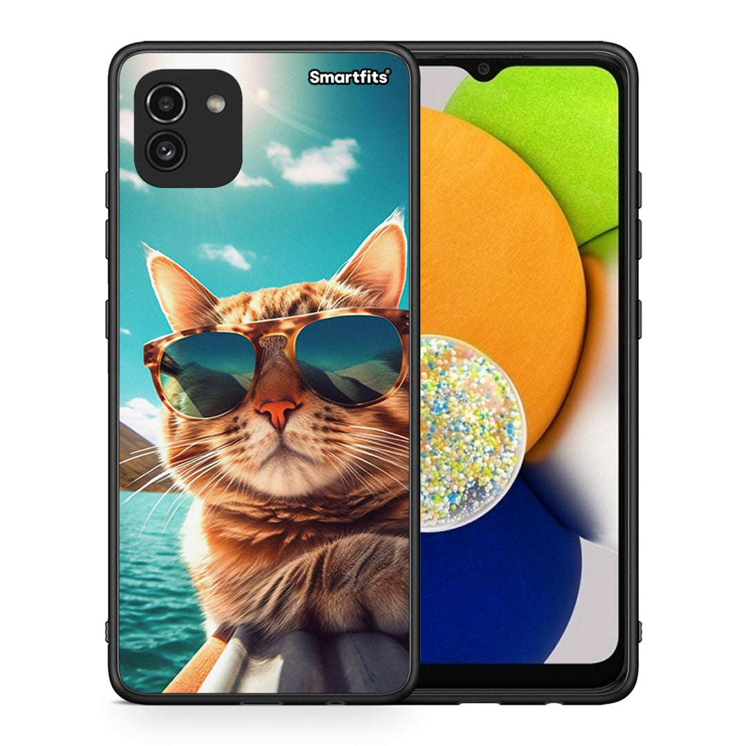 Θήκη Samsung A03 Summer Cat από τη Smartfits με σχέδιο στο πίσω μέρος και μαύρο περίβλημα | Samsung A03 Summer Cat case with colorful back and black bezels