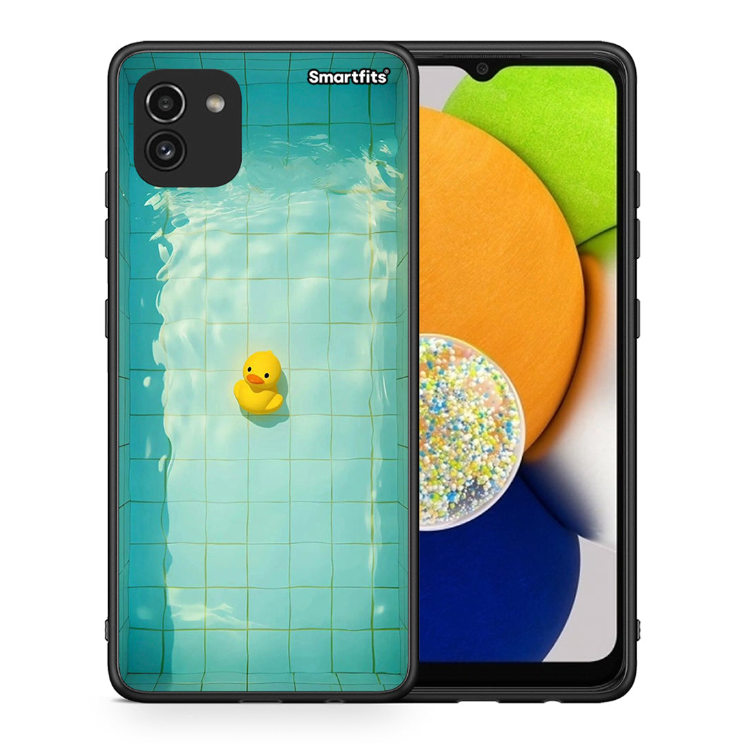 Θήκη Samsung A03 Yellow Duck από τη Smartfits με σχέδιο στο πίσω μέρος και μαύρο περίβλημα | Samsung A03 Yellow Duck case with colorful back and black bezels