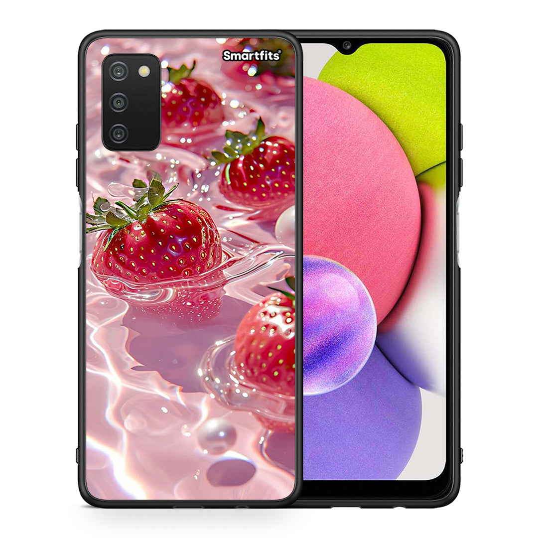 Θήκη Samsung A03s Juicy Strawberries από τη Smartfits με σχέδιο στο πίσω μέρος και μαύρο περίβλημα | Samsung A03s Juicy Strawberries case with colorful back and black bezels