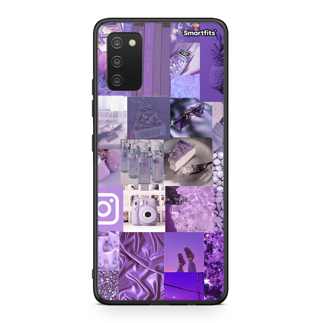 Samsung A03s Purple Aesthetic Collage θήκη από τη Smartfits με σχέδιο στο πίσω μέρος και μαύρο περίβλημα | Smartphone case with colorful back and black bezels by Smartfits