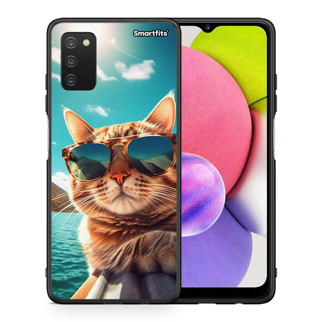 Θήκη Samsung A03s Summer Cat από τη Smartfits με σχέδιο στο πίσω μέρος και μαύρο περίβλημα | Samsung A03s Summer Cat case with colorful back and black bezels