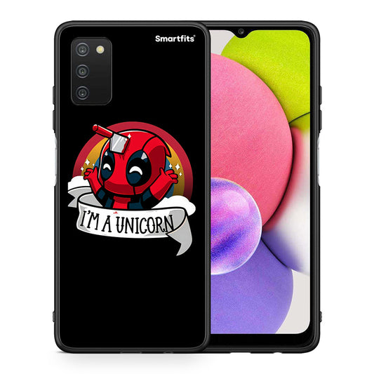Θήκη Samsung A03s Unicorn Deadpool από τη Smartfits με σχέδιο στο πίσω μέρος και μαύρο περίβλημα | Samsung A03s Unicorn Deadpool case with colorful back and black bezels