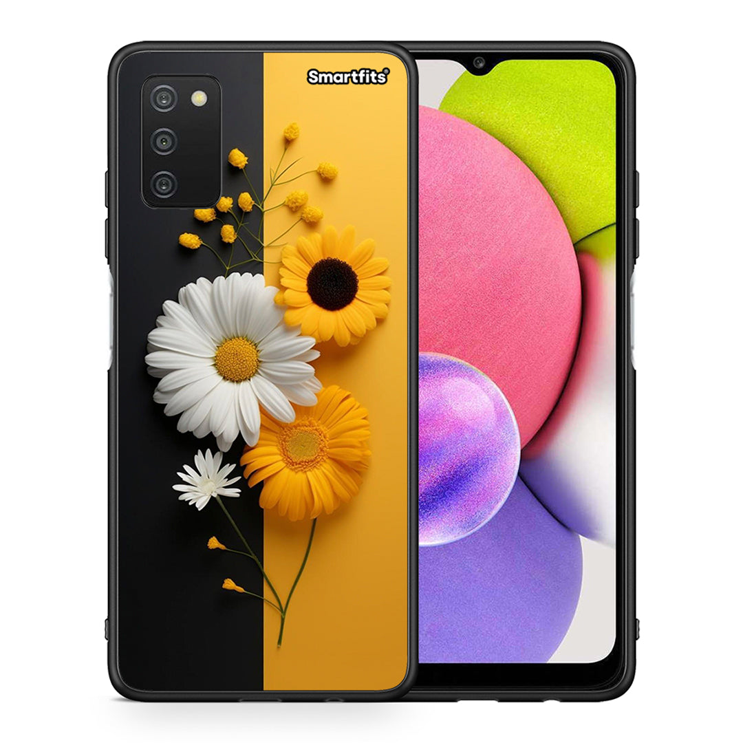 Θήκη Samsung A03s Yellow Daisies από τη Smartfits με σχέδιο στο πίσω μέρος και μαύρο περίβλημα | Samsung A03s Yellow Daisies case with colorful back and black bezels