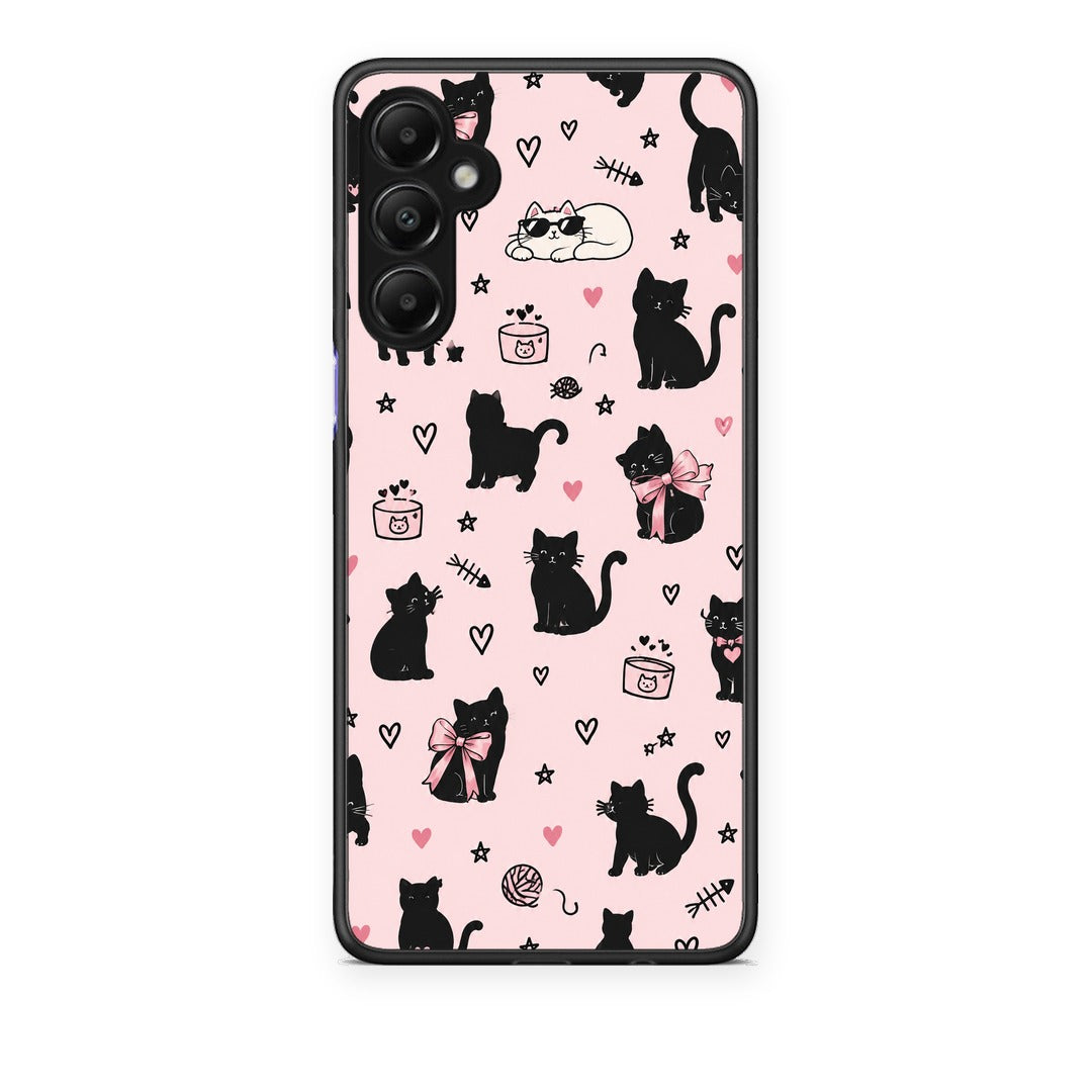 Θήκη Samsung Galaxy A05s Black Cat Doodles on Pink από τη Smartfits με σχέδιο στο πίσω μέρος και μαύρο περίβλημα | Samsung Galaxy A05s Black Cat Doodles on Pink case with colorful back and black bezels