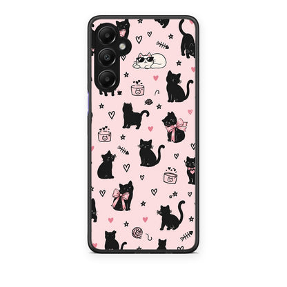 Θήκη Samsung Galaxy A05s Black Cat Doodles on Pink από τη Smartfits με σχέδιο στο πίσω μέρος και μαύρο περίβλημα | Samsung Galaxy A05s Black Cat Doodles on Pink case with colorful back and black bezels
