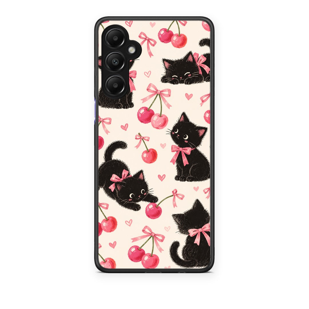 Θήκη Samsung Galaxy A05s Black Kittens and Cherries on Cream από τη Smartfits με σχέδιο στο πίσω μέρος και μαύρο περίβλημα | Samsung Galaxy A05s Black Kittens and Cherries on Cream case with colorful back and black bezels