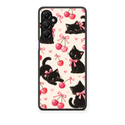 Θήκη Samsung Galaxy A05s Black Kittens and Cherries on Cream από τη Smartfits με σχέδιο στο πίσω μέρος και μαύρο περίβλημα | Samsung Galaxy A05s Black Kittens and Cherries on Cream case with colorful back and black bezels