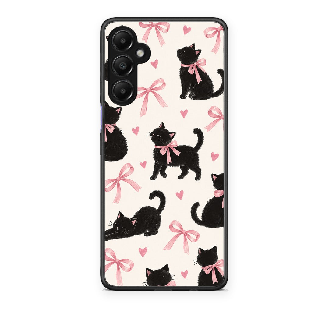 Θήκη Samsung Galaxy A05s Black Kittens and Pink Bows on Cream Large από τη Smartfits με σχέδιο στο πίσω μέρος και μαύρο περίβλημα | Samsung Galaxy A05s Black Kittens and Pink Bows on Cream Large case with colorful back and black bezels