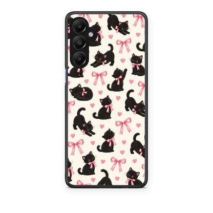 Θήκη Samsung Galaxy A05s Black Kittens and Pink Bows on Cream Small από τη Smartfits με σχέδιο στο πίσω μέρος και μαύρο περίβλημα | Samsung Galaxy A05s Black Kittens and Pink Bows on Cream Small case with colorful back and black bezels