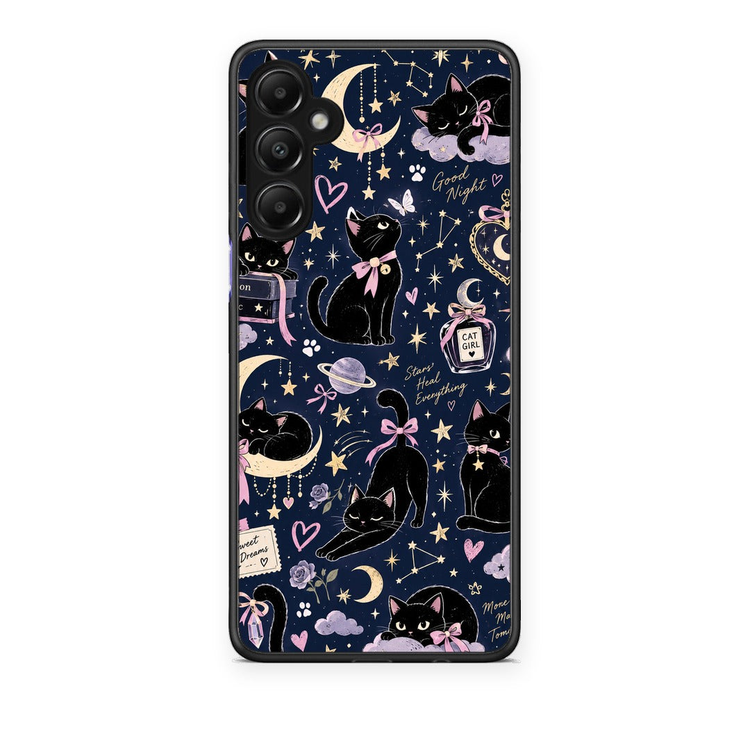 Θήκη Samsung Galaxy A05s Celestial Black Cats on Navy από τη Smartfits με σχέδιο στο πίσω μέρος και μαύρο περίβλημα | Samsung Galaxy A05s Celestial Black Cats on Navy case with colorful back and black bezels