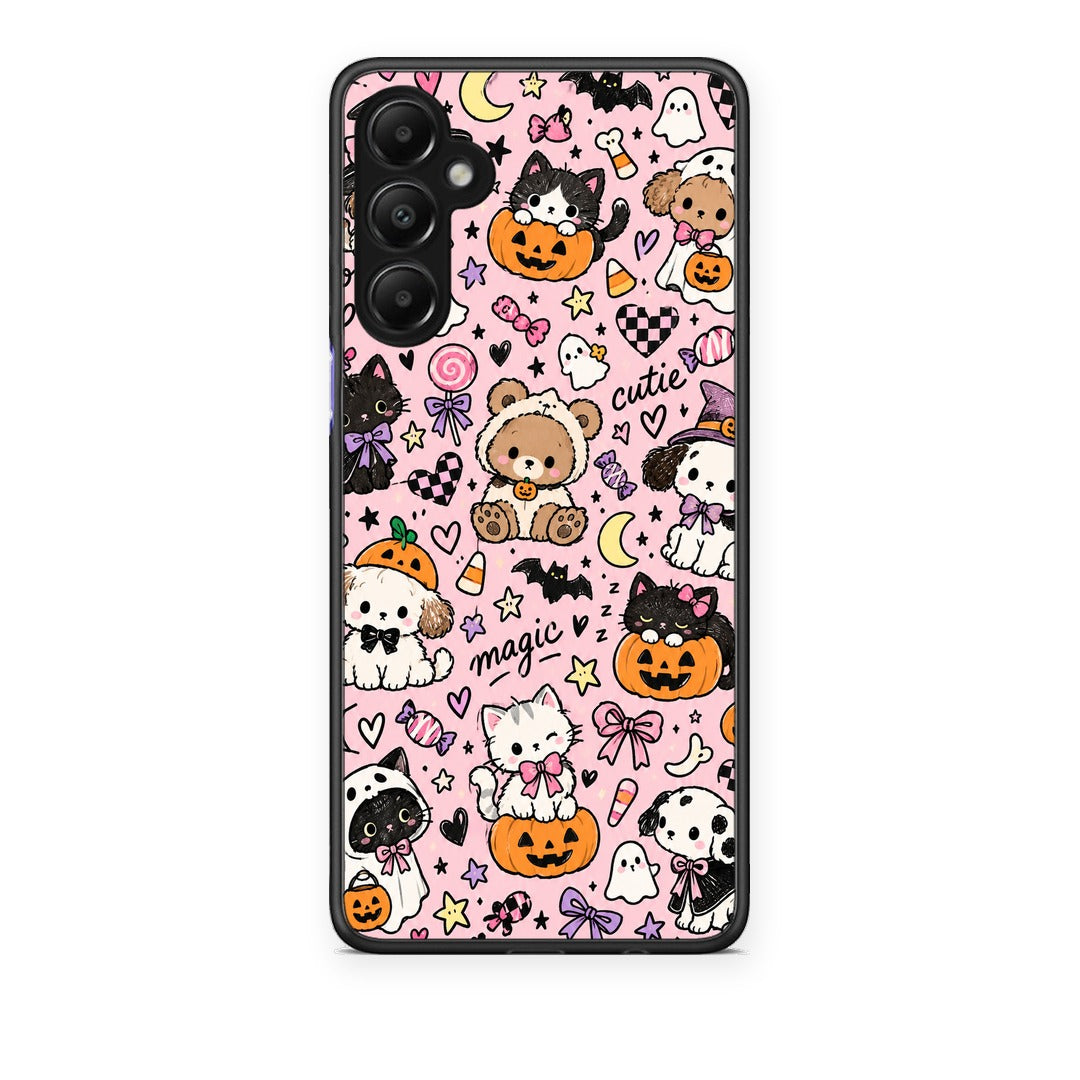 Θήκη Samsung Galaxy A05s Halloween Cute Animals on Pink από τη Smartfits με σχέδιο στο πίσω μέρος και μαύρο περίβλημα | Samsung Galaxy A05s Halloween Cute Animals on Pink case with colorful back and black bezels