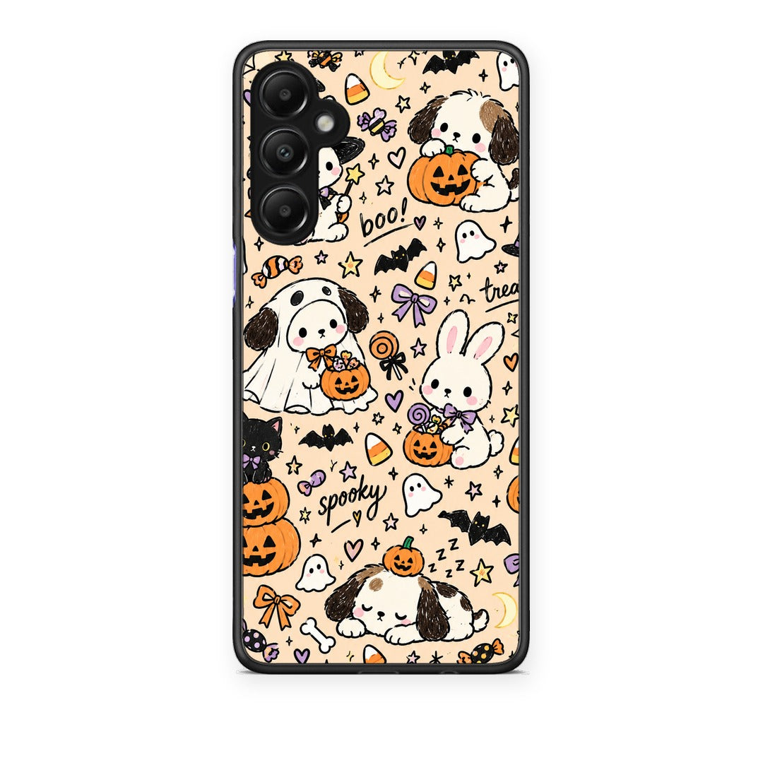 Θήκη Samsung Galaxy A05s Halloween Puppies and Friends on Cream από τη Smartfits με σχέδιο στο πίσω μέρος και μαύρο περίβλημα | Samsung Galaxy A05s Halloween Puppies and Friends on Cream case with colorful back and black bezels