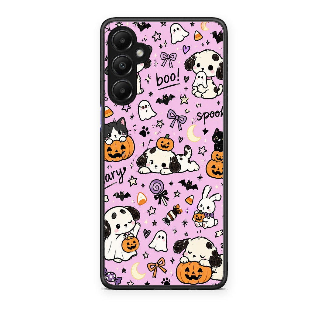Θήκη Samsung Galaxy A05s Halloween Puppies and Friends on Lilac από τη Smartfits με σχέδιο στο πίσω μέρος και μαύρο περίβλημα | Samsung Galaxy A05s Halloween Puppies and Friends on Lilac case with colorful back and black bezels