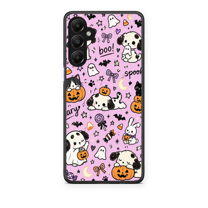 Θήκη Samsung Galaxy A05s Halloween Puppies and Friends on Lilac από τη Smartfits με σχέδιο στο πίσω μέρος και μαύρο περίβλημα | Samsung Galaxy A05s Halloween Puppies and Friends on Lilac case with colorful back and black bezels